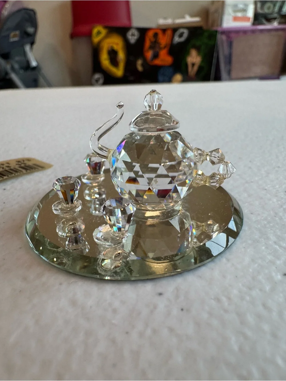 Vintage Crystal Tea Time Figurine on Mirrored Base - Clear
